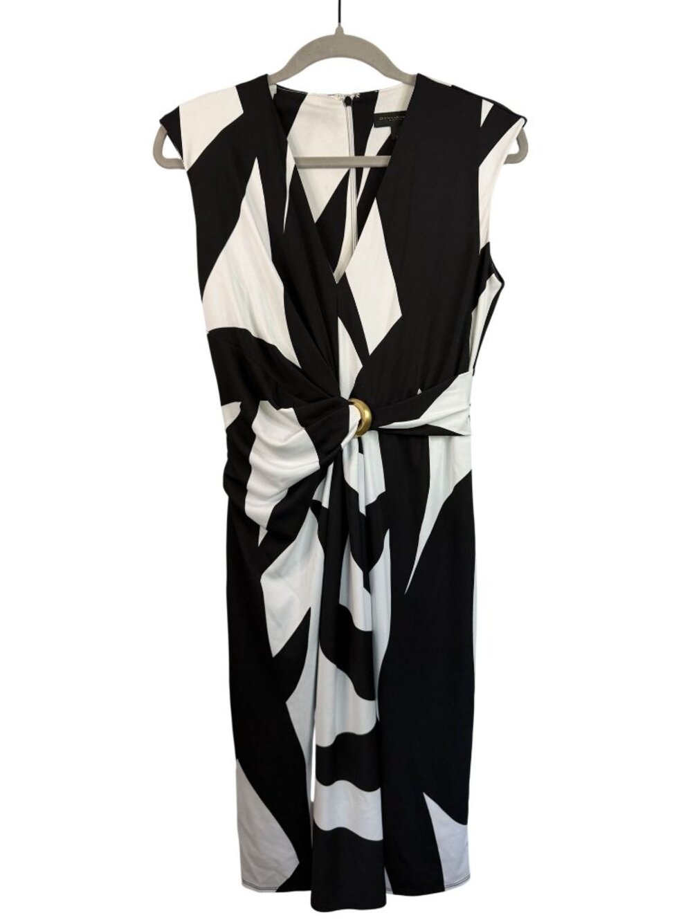 Donna Karan Black & White Abstract Print Dress With Gold Ring Detail Size 2